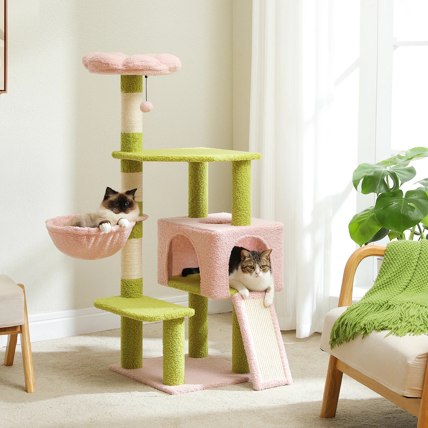 Torre para gatos con postes de sisal, hamaca y percha superior